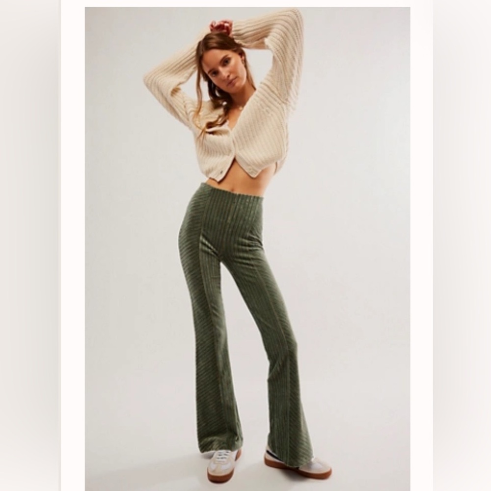 Free People Slim Pull-On Velvet Flare Pants Laurel Green